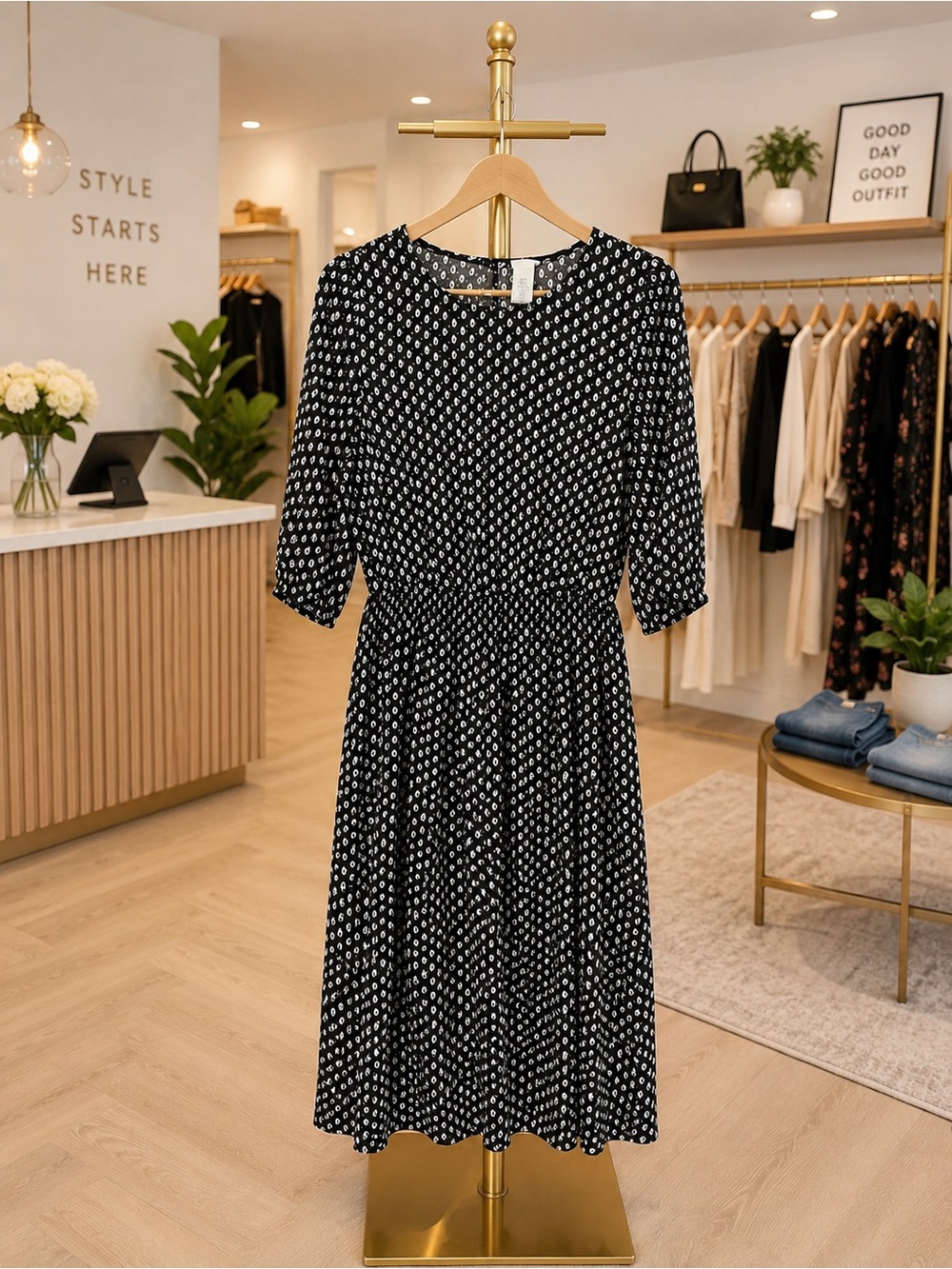 H&M Black Midi Dress with White Teardrop Print